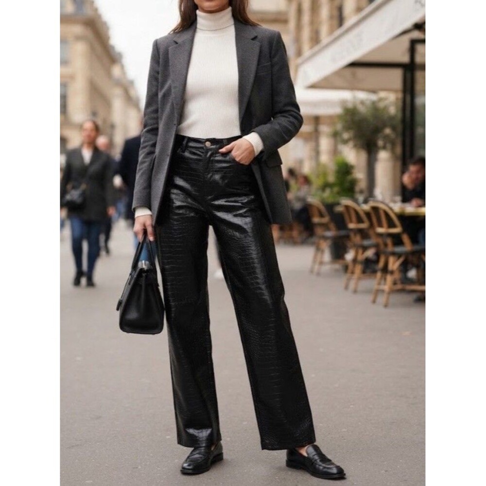 NWT Zara Black Faux Leather Croc Embossed Straight Leg Pants Trousers Size M 28